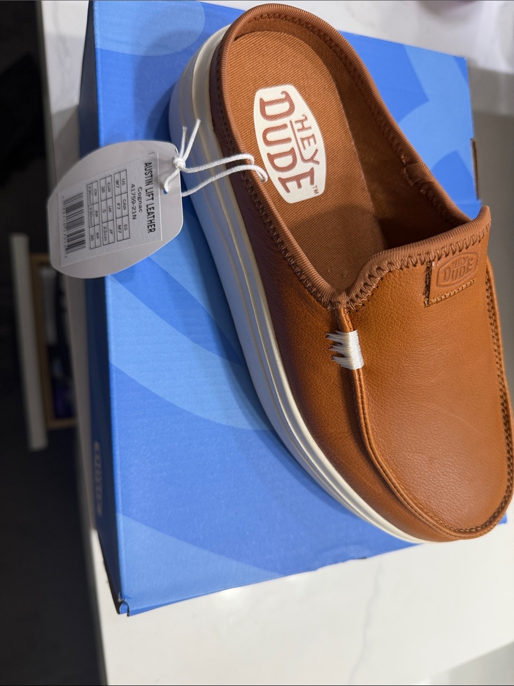 Hey Dude Women’s Slip-On Austin Lift Leather Loafer in Cognac Brown